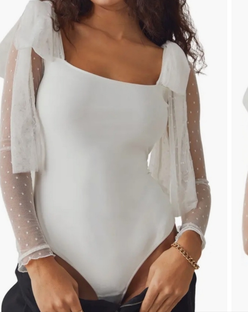 Free People Tongue Tied Mesh Sleeve Tie Shoulder Bodysuit Size S NWOT'S